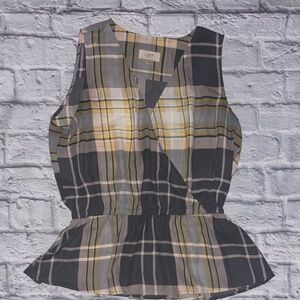 LOFT Women's Grey and Yellow Plaid Blouse